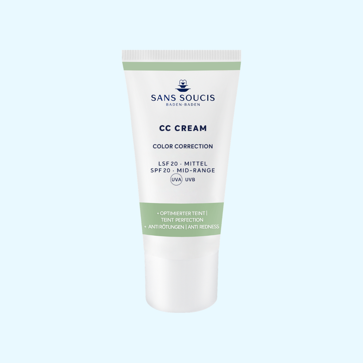 Abbildung der CC Cream Anti Rötungen Tube mit grünen Akzenten