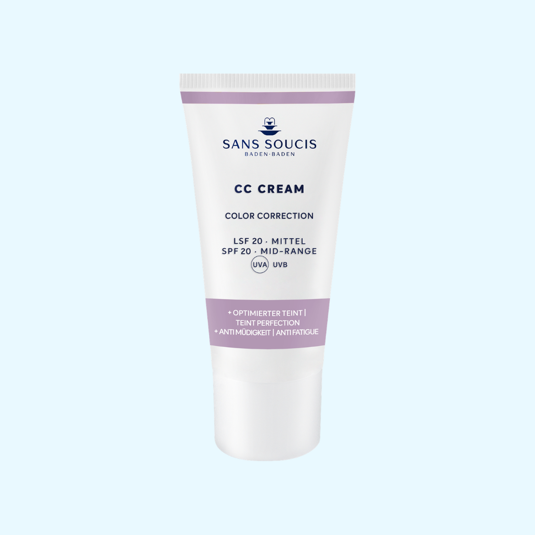 Abbildung der CC Cream Anti Müdigkeit Tube mit lila Akzenten