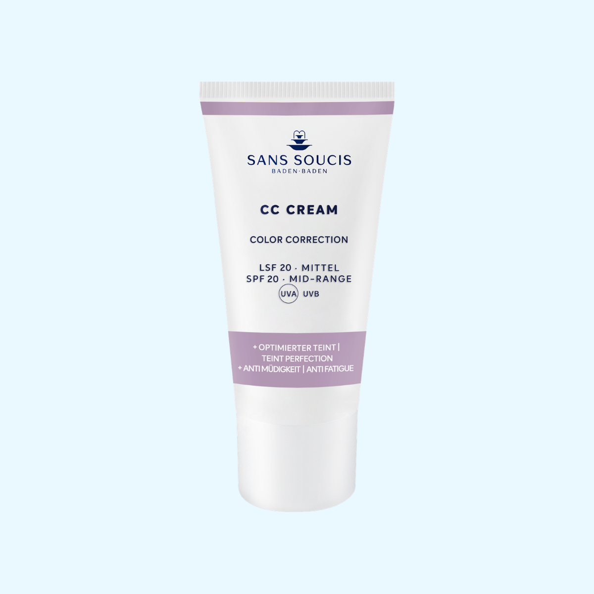 Abbildung der CC Cream Anti Müdigkeit Tube mit lila Akzenten