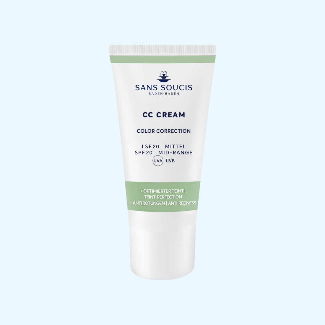 Abbildung der CC Cream Anti Rötungen Tube mit grünen Akzenten