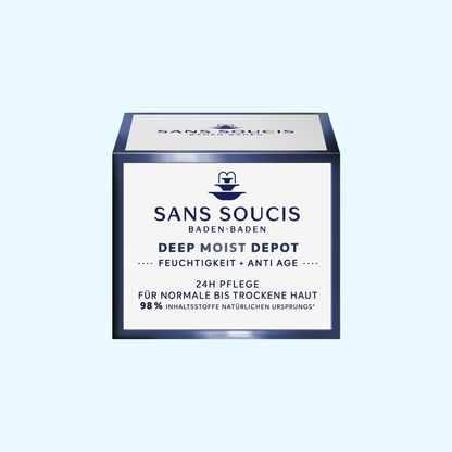 Faltschachtelabbildung der Deep Moist Depot 24h Pflege auf einem hellblauen Hintergrund